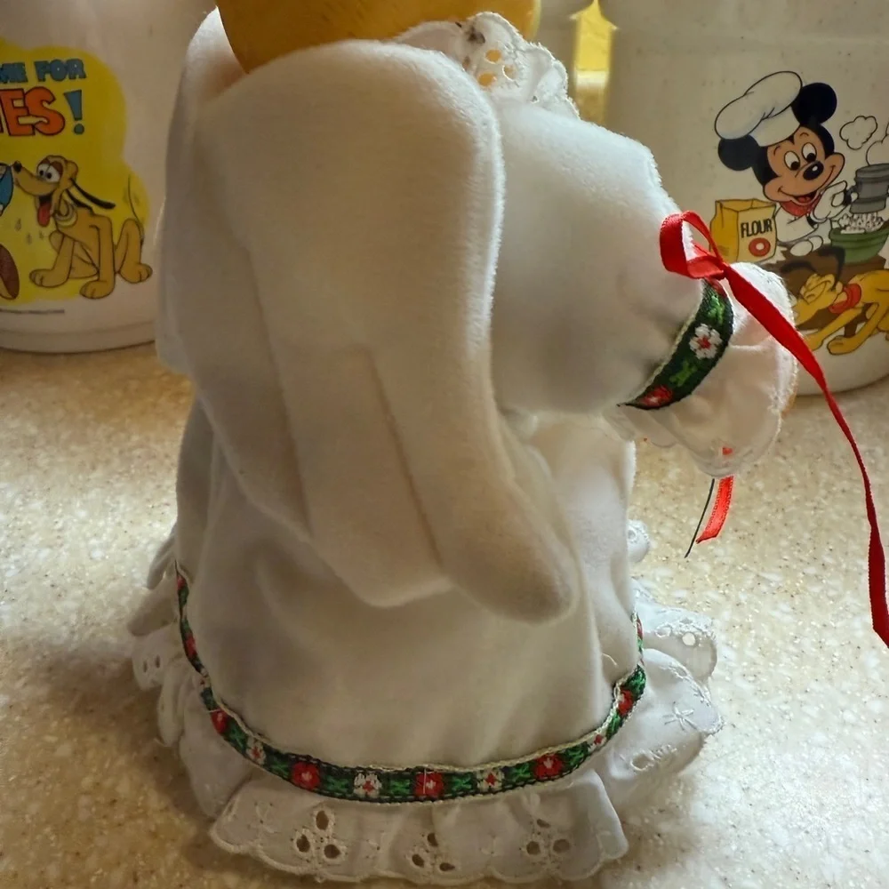 Vintage Angel Christmas Tree Topper Teddy Bear Figurine w/ Holiday White Dress